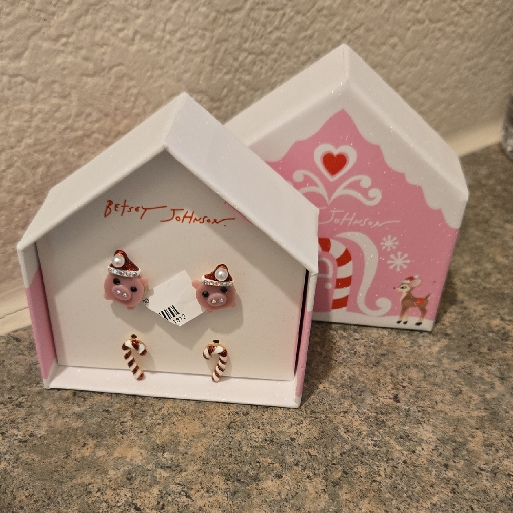 Betsey Johnson Pink Pig and Candy Cane Earrings Nwt In Box